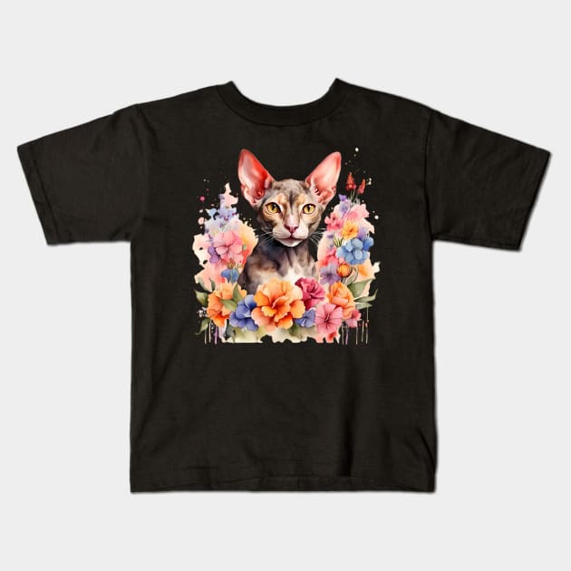 A cornish rex cat decorated with beautiful watercolor flowers Kids T-Shirt by CreativeSparkzz